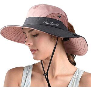 Women's Pink 100% Polyester Wide Brim Mesh Uv Protection Chin Strap Cowboy Hat